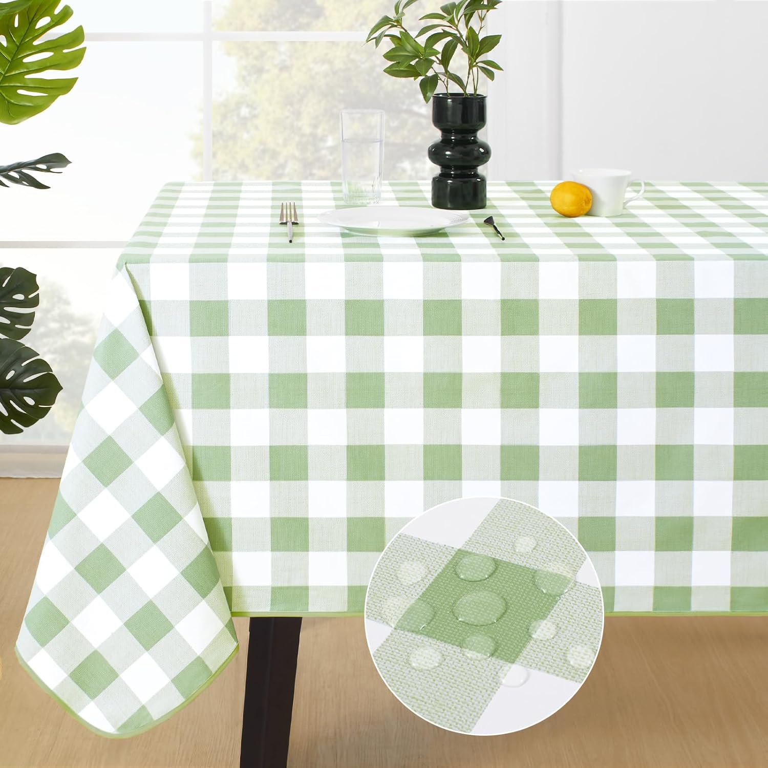 MOSAYT Rectangle Vinyl Tablecloth, 100% Waterproof Buffalo Gingham Plastic Table Cloth, Heavy Duty Wipeable Table Covers for Picnic, Outdoor, Camping - 54 x 78, Sage Green