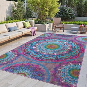 Meditation Indoor Outdoor Rug 6x9 ft Mandala Pattern Rug Boho Style,Yoga Meditation Mat Picnic Rug for Patio Living Room Porch Garden Deck Backyard Easy to Clean Non Shedding Non-Slip