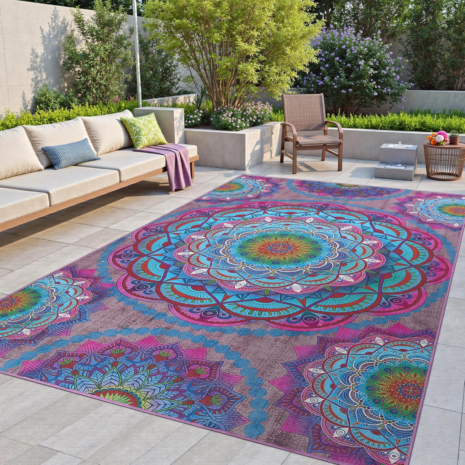 Meditation Indoor Outdoor Rug 6x9 ft Mandala Pattern Rug Boho Style,Yoga Meditation Mat Picnic Rug for Patio Living Room Porch Garden Deck Backyard Easy to Clean Non Shedding Non-Slip