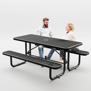 Metal Picnic Furniture for Outdoors with Umbrella Hole - Coated Steel Heavy Duty Commercial Grade Table with Adjustable Seats, Patio Set for a Lifetime (Black, 6' Rectangular)