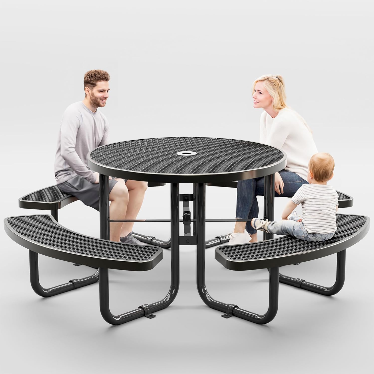 Metal Picnic Tables for Outdoors with Umbrella Hole - Coated Steel Heavy Duty Commercial Grade Table with Adjustable Seats (Black, 46 in, Round, Expanded Steel)