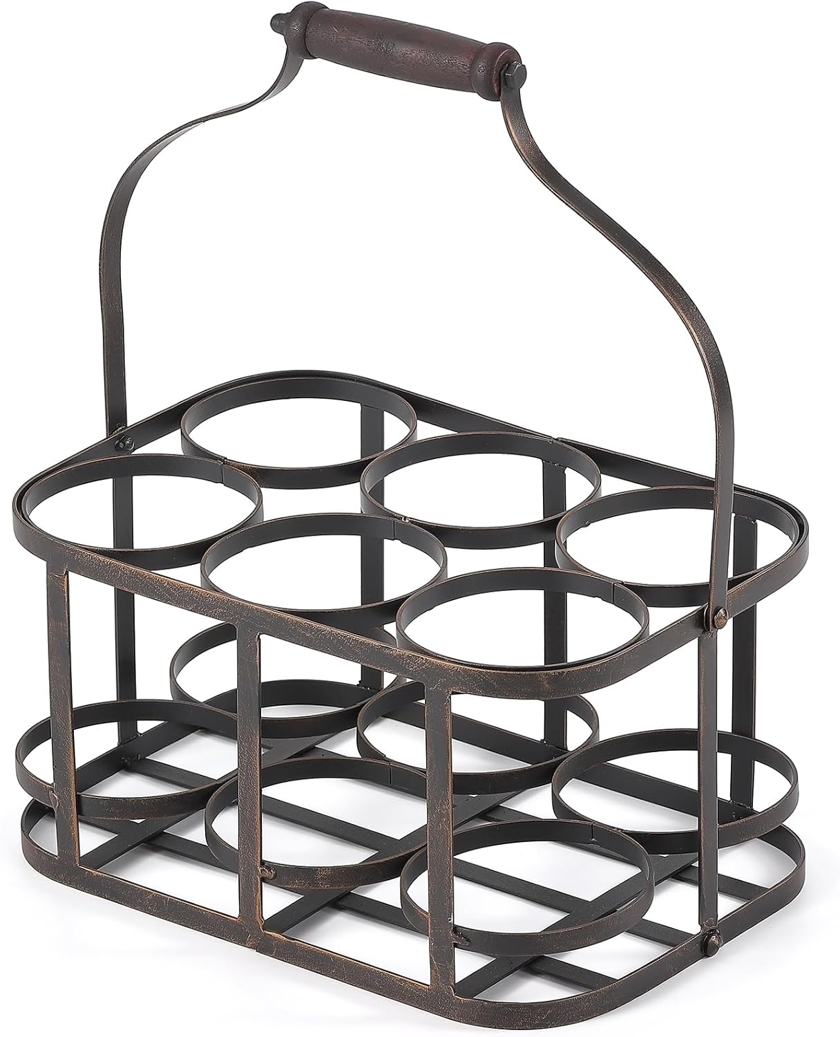 Metal Wine Bottle Carrier, 6 Bottle Wine Basket, Wine Caddy Rack with Wood Handle, Vintage Metal Wine Storage Basket Bottle Holder, Farmhouse Decorative Wine Display Stand for Bar BBQ Picnic Milk