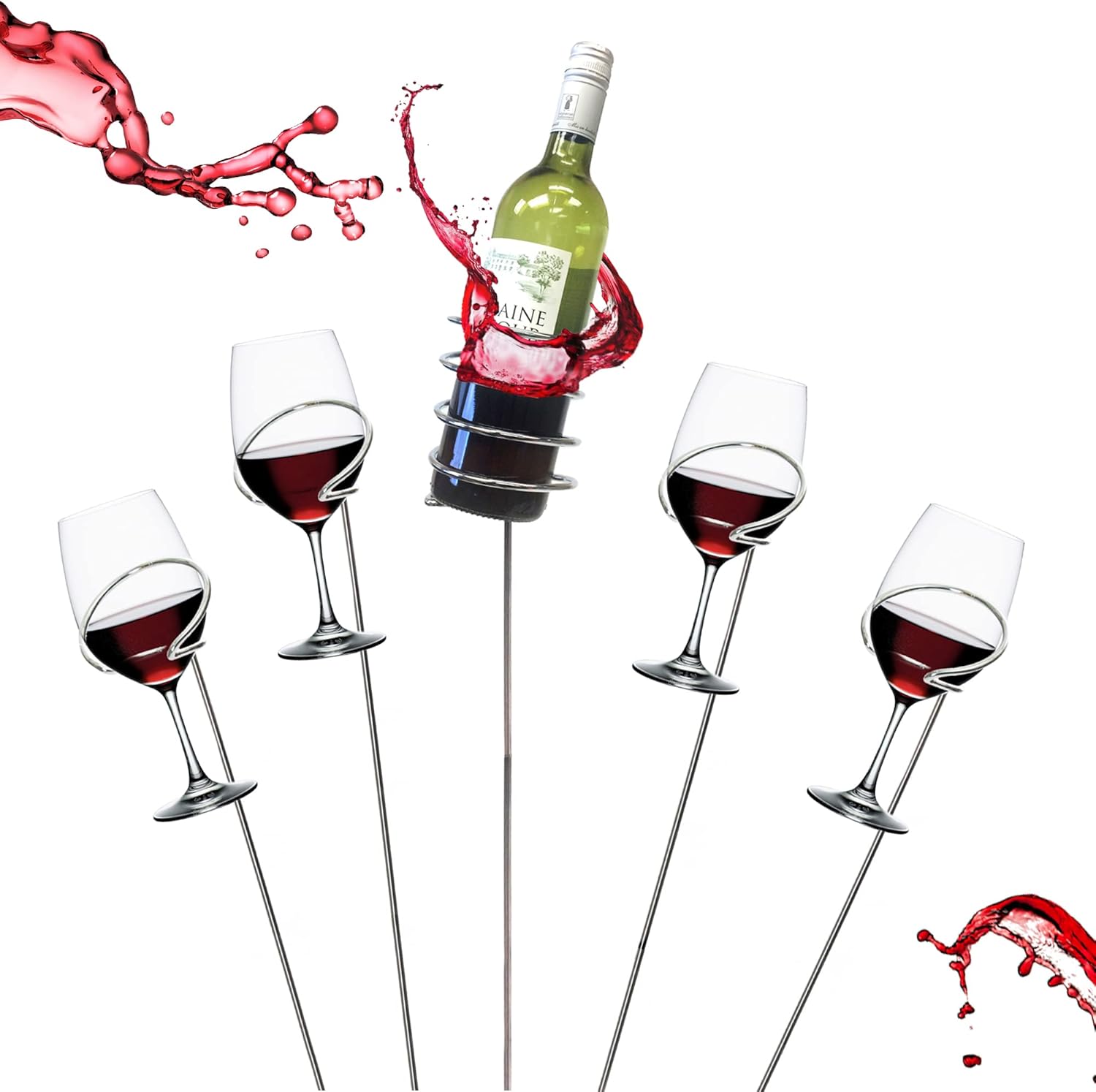 Mind Reader Wine Glass and Bottle Stakes, Vacation Essentials, Beach, Wine Holder, Metal, 3.5" L x 3.5" W x 19" H, 5 Pcs, Silver