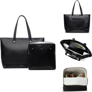 Modern Picnic Vegan Leather Tote Bag for Women, Easily Wipeable, Removable Insulated Pouch For Your Lunch or Snacks, Travel Tote with Luggage Sleeve for Work/Office/Outdoor As Seen on Shark Tank