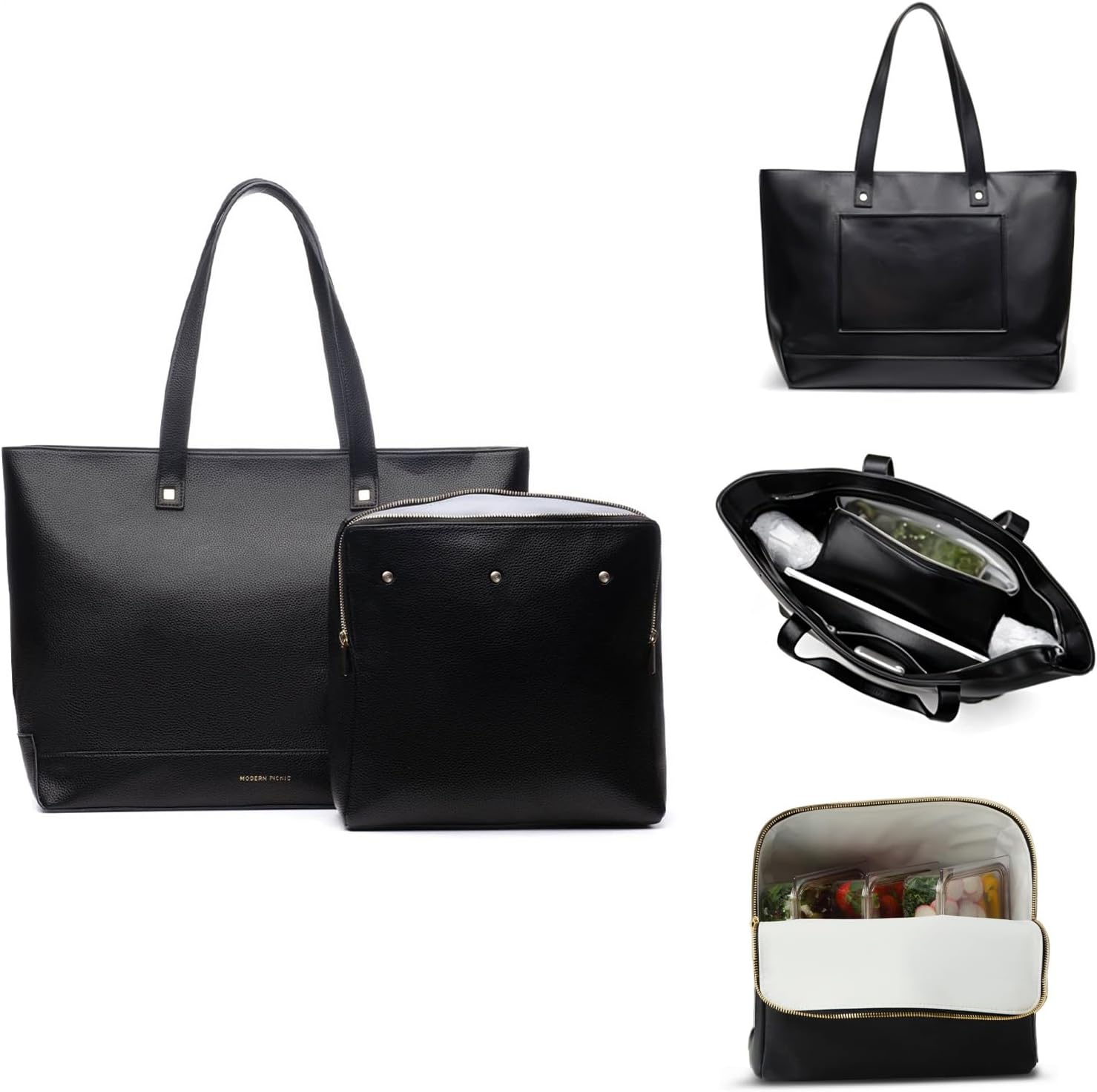 Modern Picnic Vegan Leather Tote Bag for Women, Easily Wipeable, Removable Insulated Pouch For Your Lunch or Snacks, Travel Tote with Luggage Sleeve for Work/Office/Outdoor As Seen on Shark Tank