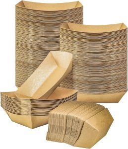 MotBach 100 Pack 2lb Kraft Paper Food Trays, Heavy-Duty Paper Food Boat Disposable Serving Basket Tray for French Fries Nachos Snack Hot Dog Taco BBQ Popcorn Party Picnic Wedding Party (Brown)