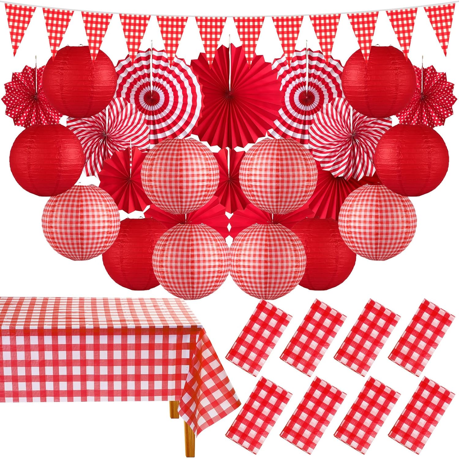 Moukeren 33 Pcs Picnic Party Decorations Set Paper Lanterns Red and White Checkered Gingham Pennant Banner with Hanging Paper Fans Tablecloth for Carnival Picnic BBQ Party Supplies