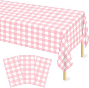 Mulbozy Pink Gingham Tablecloth Disposable 3 Pack, 54 × 108 Inch Pink and White Checkered Table Cloth, Plastic Table Cover for Picnic Party Supplies Decoration