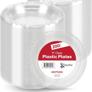 Munfix 200 Clear Plastic Plates Set - 9 Inch Plastic Dinner Plates, Disposable Plates Bulk Pack, Party Plates for BBQ, Picnic, Parties, Travel and Events, Microwavable Recyclable