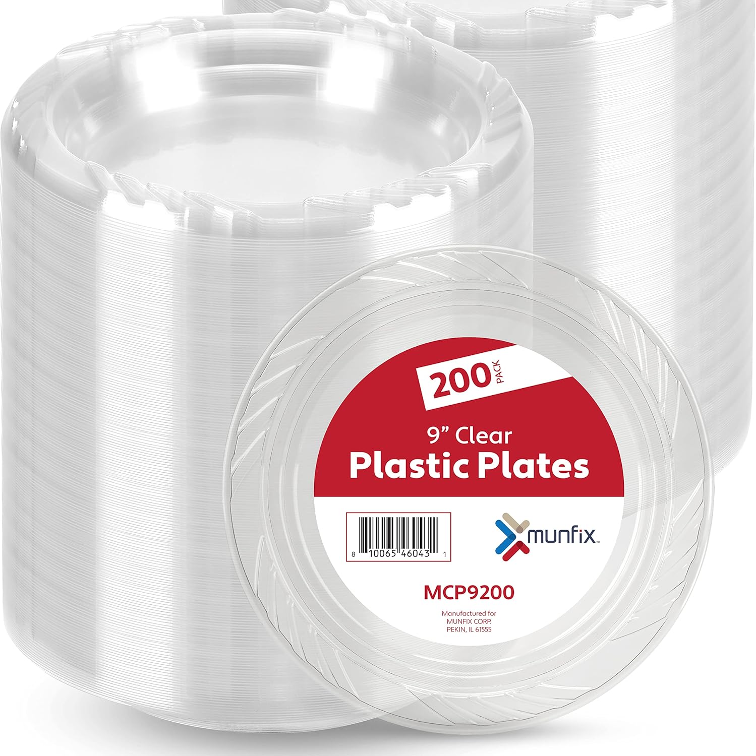 Munfix 200 Clear Plastic Plates Set - 9 Inch Plastic Dinner Plates, Disposable Plates Bulk Pack, Party Plates for BBQ, Picnic, Parties, Travel and Events, Microwavable Recyclable