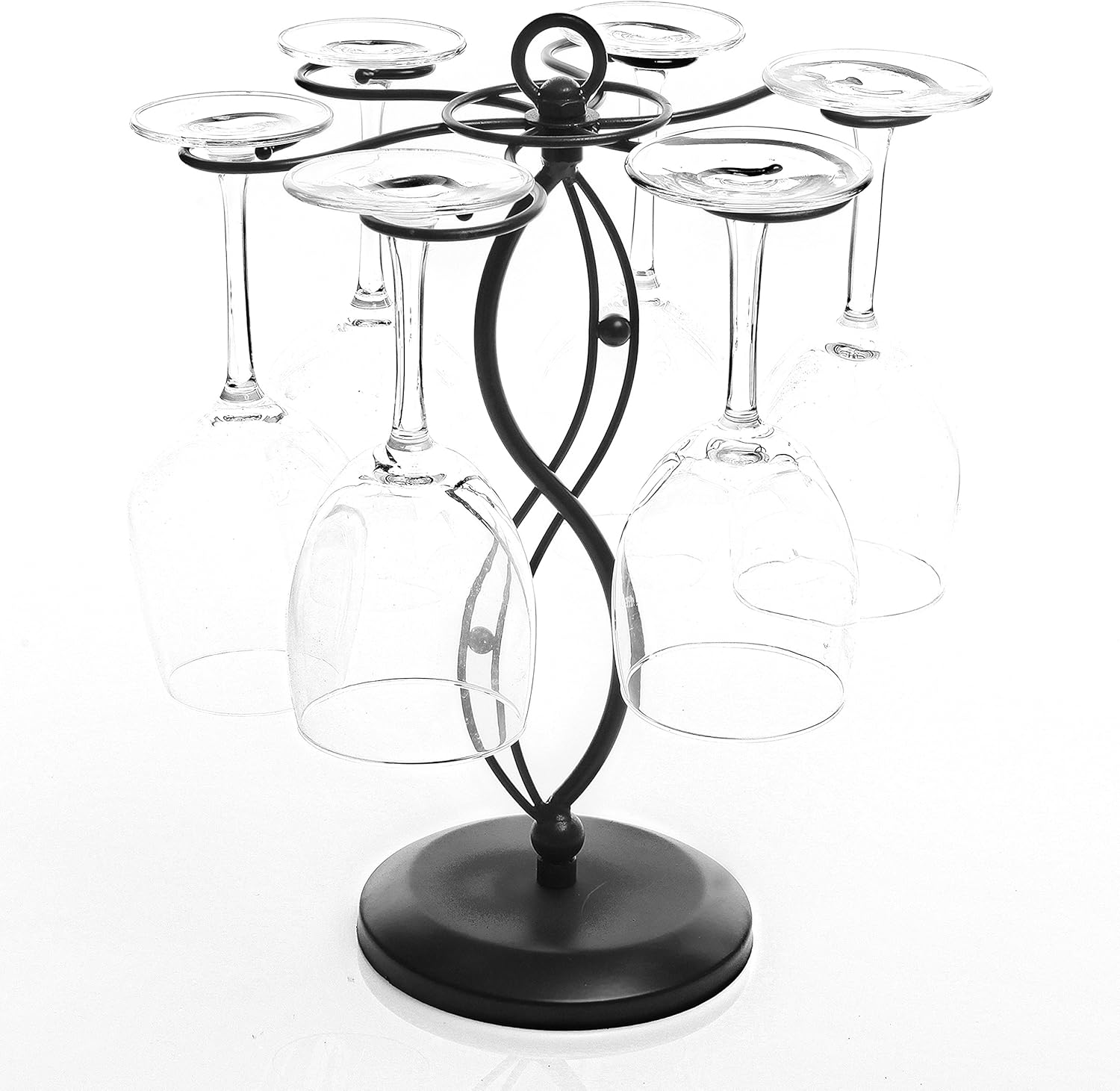 MyGift 6-Hook Rotating Wine Glass Rack with Sturdy Base & Scrollwork Design - Black Metal Countertop Stemware Holder | Rust-Resistant, Space-Saving Storage for Kitchen, Bar, Dining Table (13.75" H)