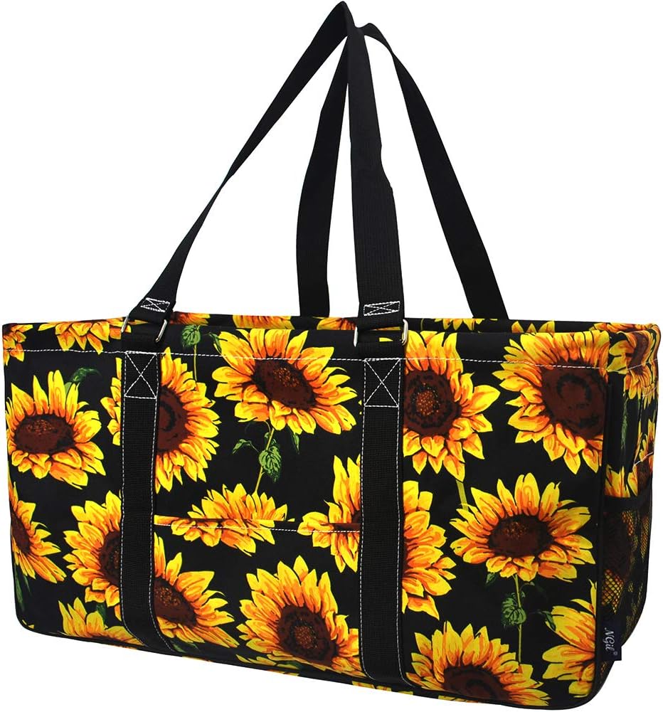 NGIL Extra Large Utility Tote Reusable Grocery Organizing Bag Oversized Collapsible for Storage, Picnic,Car, Beach (Sunflower-black)