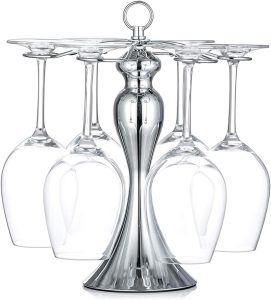 NUPTIO Tabletop Wine Glass Holder: Classic Silver 6 Wine Rack Stand Elegant Freestanding Stemware Storage Display Countertop - Metal Hanging Cup Organizer Drying Rack for Kitchen Bar
