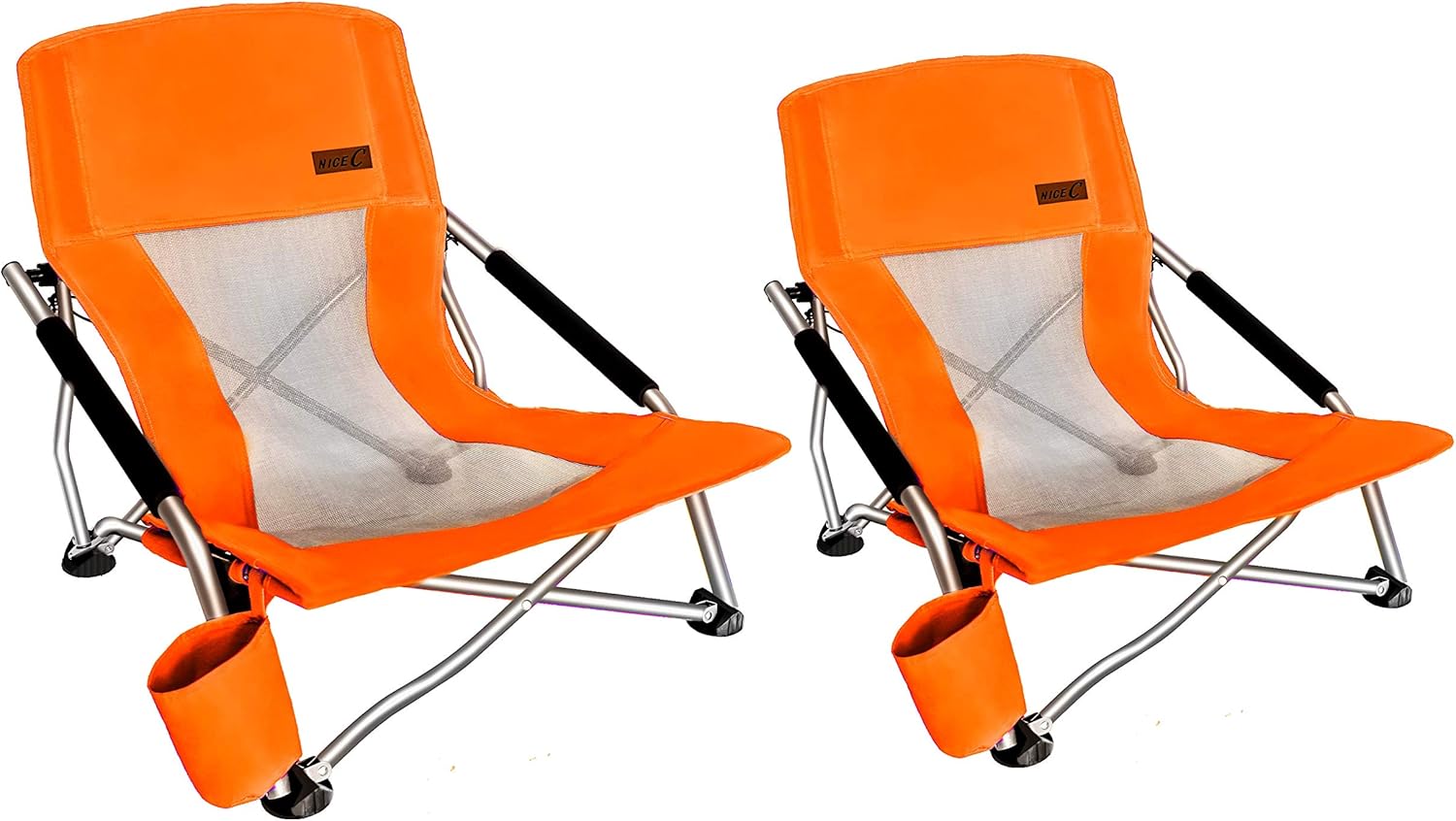 Nice C Chair for Beach for Adults 2 Pack, Low Chair, Sling, Folding, Portable, Concert, Kids, Boat, Sand Chair with Cup Holder & Carry Bag (Set of 2 Orange)