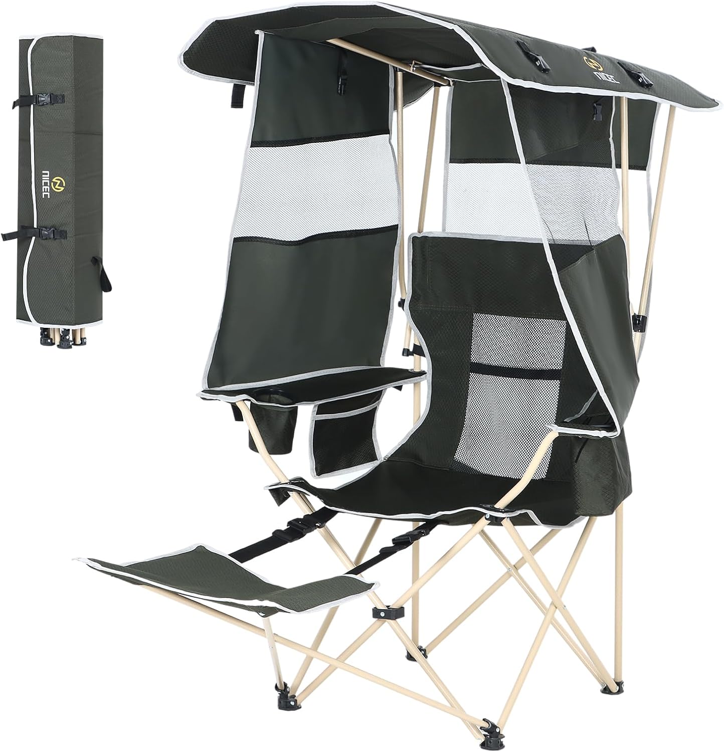 Nice C Green Folding Camping Chair with Canopy, Shade, Footrest, Cooler Bag, Cup Holder for Outdoor Activities