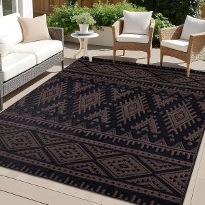 OLANLY Outdoor Rug Waterproof 5x8 ft, Reversible Outdoor Plastic Straw Rug, Boho Patio Rug, Indoor Outdoor Carpet, RV Mat Outside for Patio, Camp, Picnic, Balcony, Deck, Backyard, Black & Brown