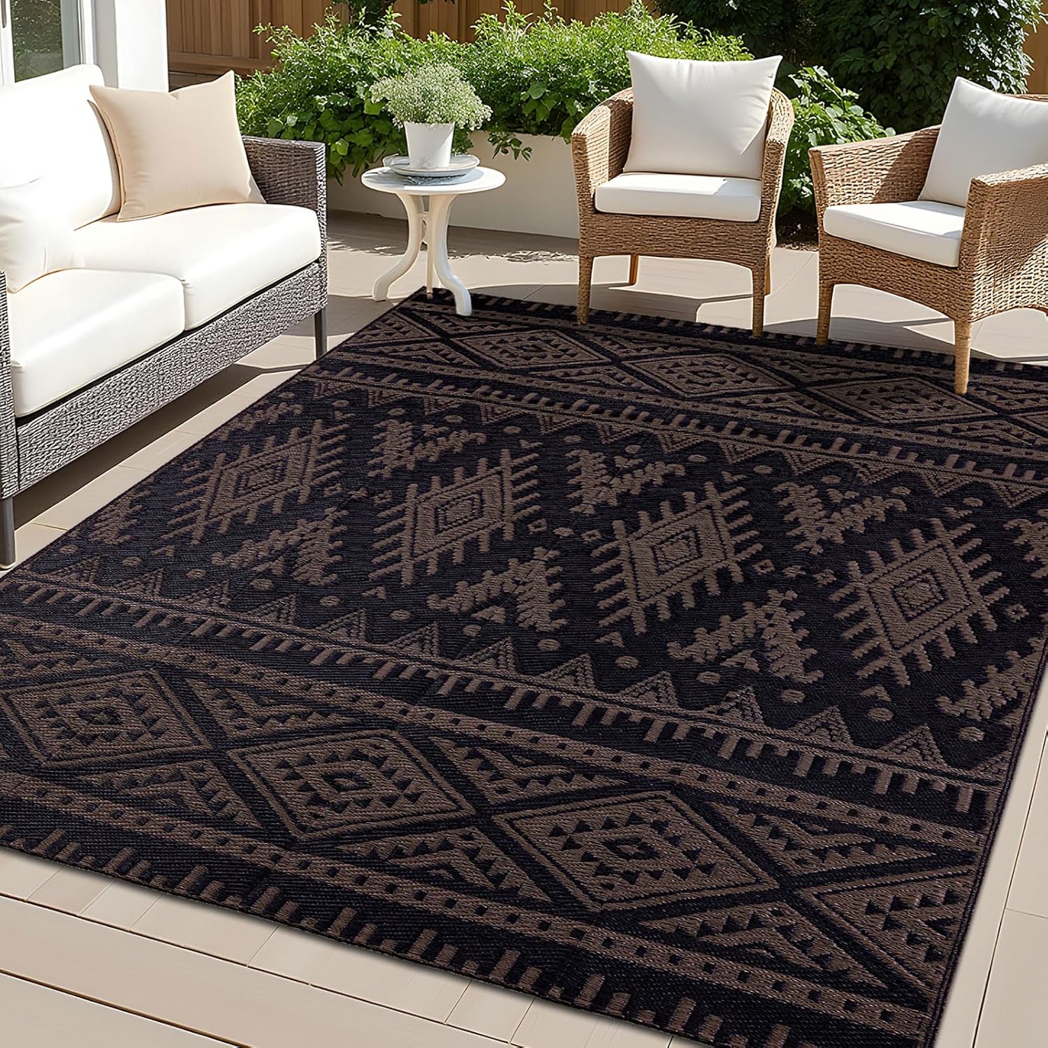 OLANLY Outdoor Rug Waterproof 5x8 ft, Reversible Outdoor Plastic Straw Rug, Boho Patio Rug, Indoor Outdoor Carpet, RV Mat Outside for Patio, Camp, Picnic, Balcony, Deck, Backyard, Black & Brown