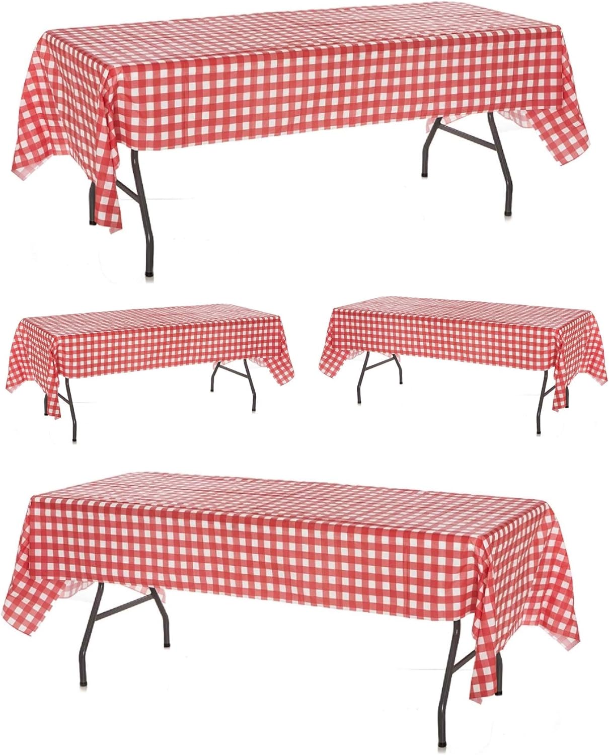 Oojami Pack of 4 Plastic Red and White Checkered Tablecloths - 4 Pack - Picnic Table Covers