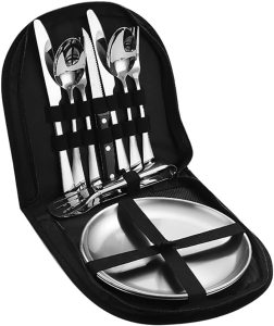 Outdoor Camping Silverware Set Flatware Organizer Cutlery Picnic Set Stainless Steel Includes Forks, Spoons, Knives, Chopsticks, Food Holders, Plates - Portable Flatware Bags