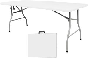 Outdoor Folding Table 6 ft, Portable Outdoor Picnic Table for Camping, Party and Wedding, with Handle and Lock - White