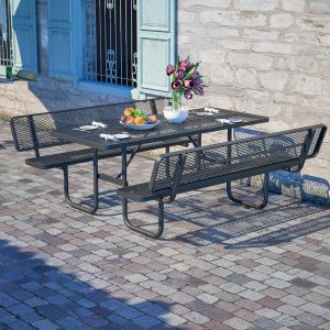 Outdoor Picnic Table with with Benches, Metal Picnic Table Set with Umbrella Hole, Metal Commercial Patio Dining Table Furniture with Backrests (2.5×6ft Top, Black)