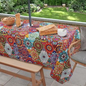 Outdoor Tablecloth with Umbrella Hole and Zipper, 60 x 84 Inch Vintage Rectangle Patio Table Covers for Spring/Summer, Machine Washable Outdoor Picnic Table Cloth