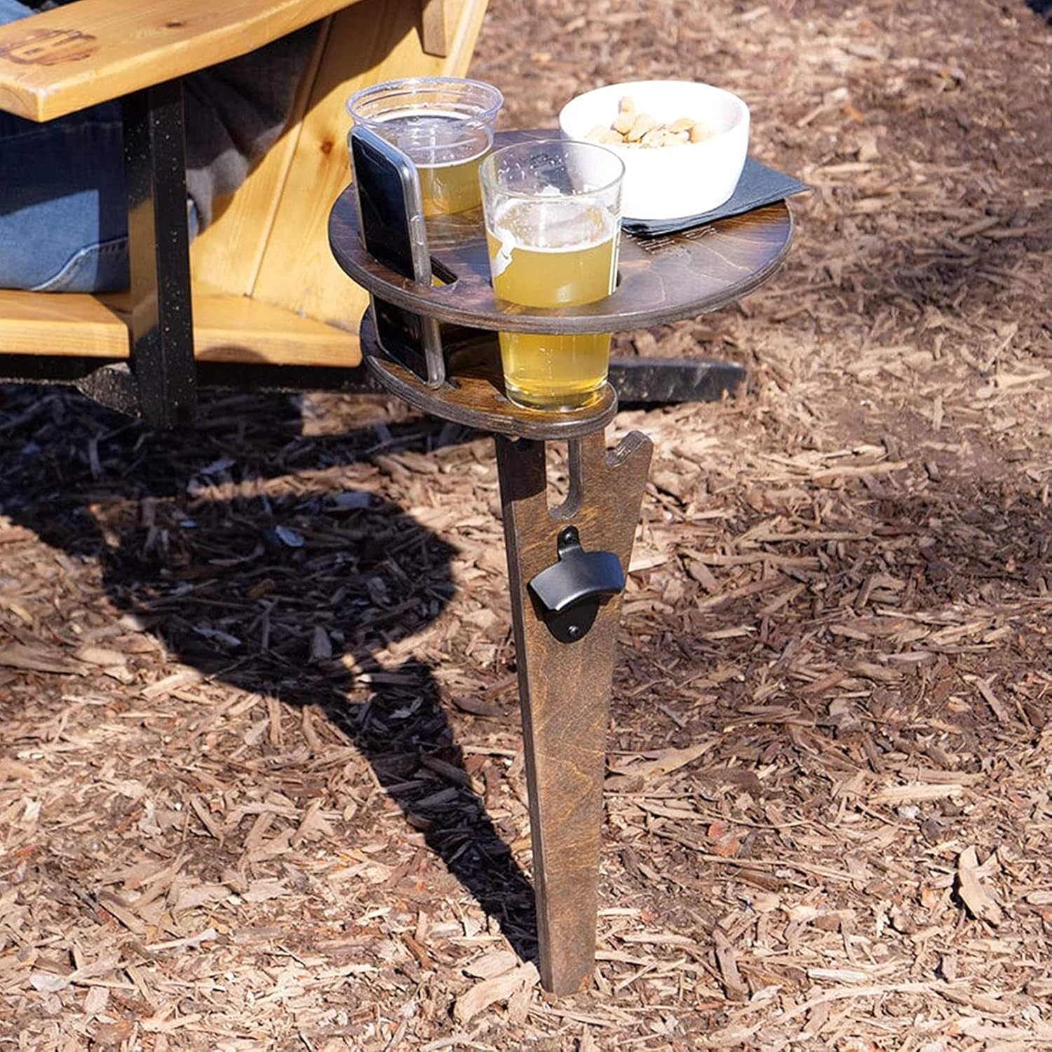 Outdoor Wine Table, Folding Wine Table Stake, Portable Picnic Table, Wood Wine Glasses Holder Snack and Cheese Tray, for Backyard Camping, Beach, Gift for Wine Lovers,Brown