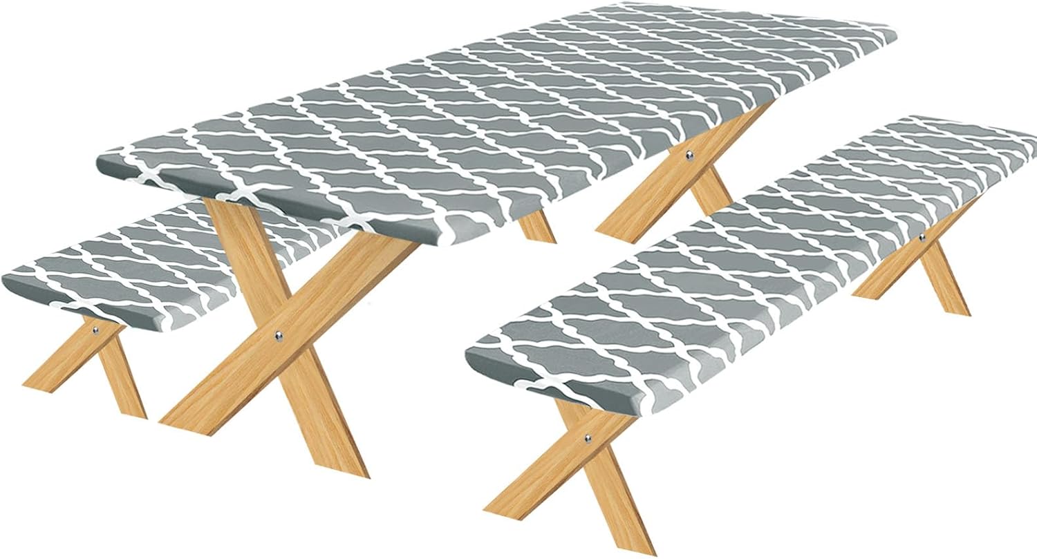 OutdoorLines Vinyl Fitted Picnic Table Cover with Bench Covers - Waterproof Camping Tablecloth, Elastic Picnic Table Covers for Outdoor, Camping (Moroccon Gray 72x30 Inch, 3 Pcs)