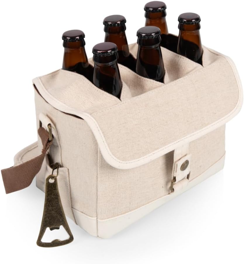 PICNIC TIME Beer Caddy with Beer Bottle Opener, 6-Pack Drink Caddy, Beer Cooler Tote, Beer Gifts for Men, (Beige)