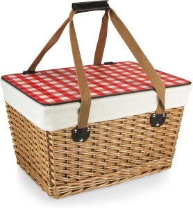 PICNIC TIME Canasta Wicker Picnic Basket With Lid, Small Picnic Basket For 2, Beige Canvas With Red & White Gingham Pattern Lid