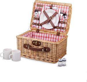 PICNIC TIME Catalina Picnic Basket for 2 - Wicker Picnic Basket with Picnic Set, (Red & White Plaid Pattern)