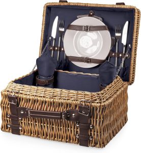 PICNIC TIME Champion Picnic Basket for 2, Large Wicker Hamper Set with Cutlery Service Kit, (Navy Blue)