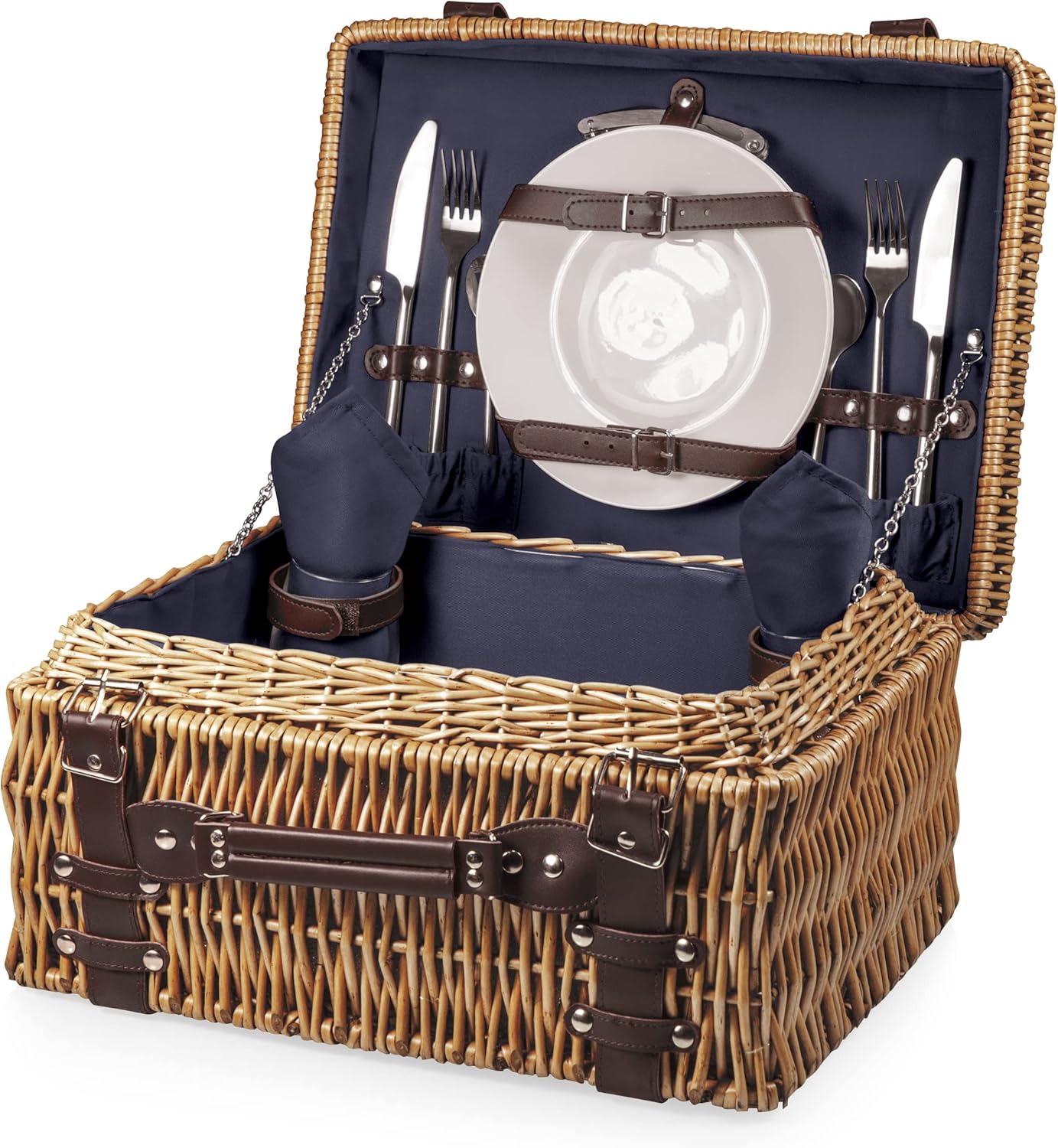 PICNIC TIME Champion Picnic Basket for 2, Large Wicker Hamper Set with Cutlery Service Kit, (Navy Blue)