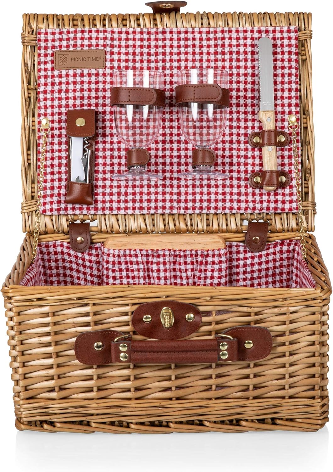PICNIC TIME Classic Wine & Cheese Picnic Basket, Wine Picnic Set, Romantic Picnic Basket 2, (Red & White Gingham Pattern)