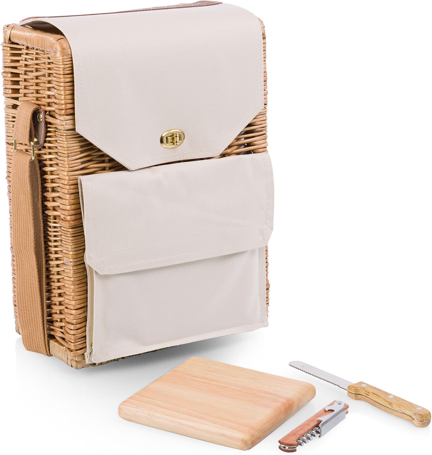 PICNIC TIME Corsica Wine and Cheese Picnic Basket - Wine Tote Bag - Gift for Wine Lovers, (Beige Canvas), 12 x 7 x 17