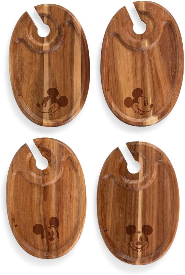 PICNIC TIME Disney Mickey Mouse Wine Appetizer Plate Set of 4, Cocktail Plate with Glass Holder, Cheese Board with Wine Holder, (Acacia Wood), 9 x 6