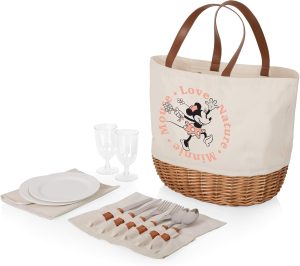 PICNIC TIME - Disney Minnie Mouse Promenade Picnic Basket for 2 - Picnic Set with Canvas Tote Bag, (Beige Canvas)