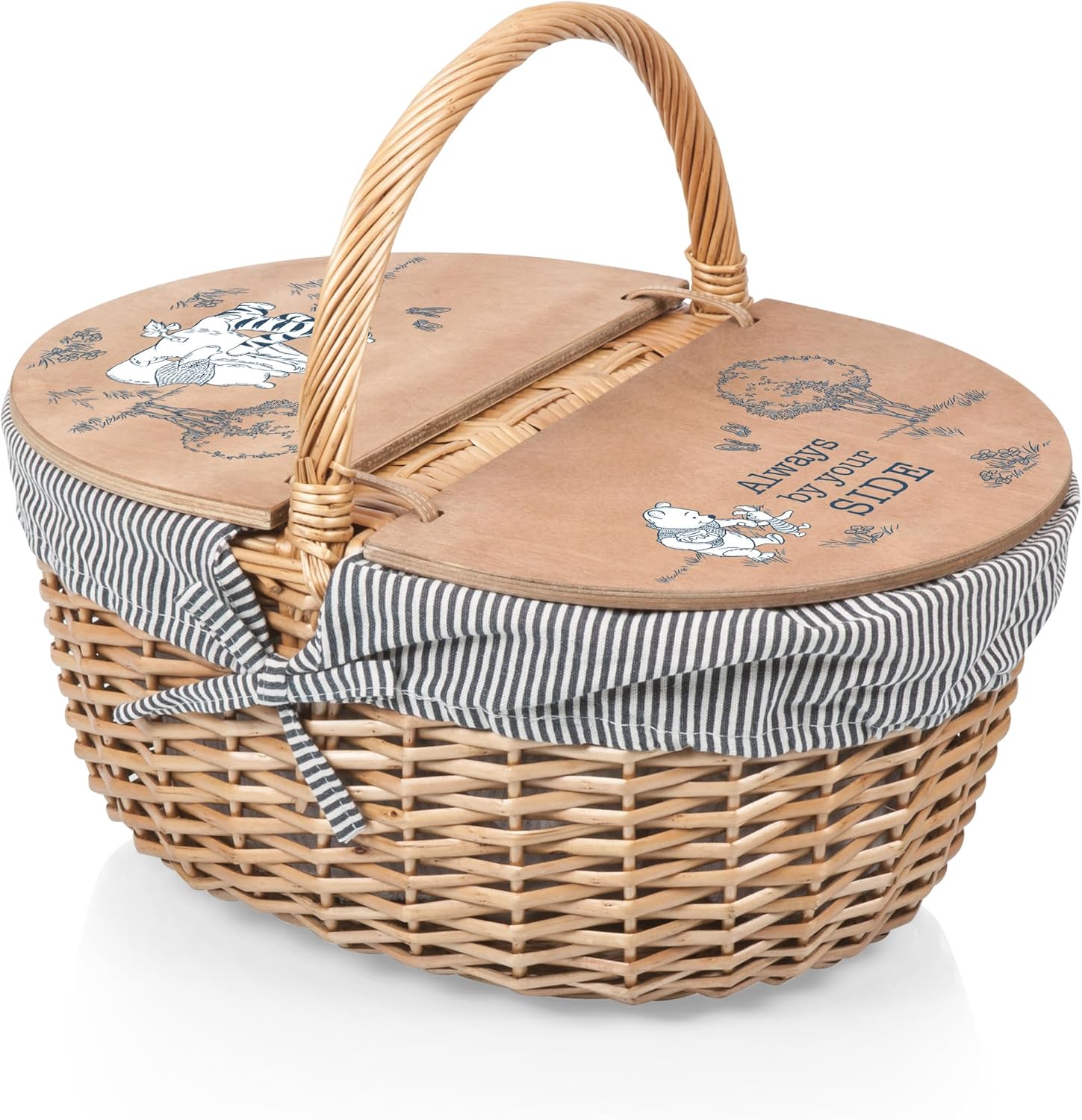 PICNIC TIME Disney Winnie The Pooh Country Vintage Picnic Basket with Lid, Wicker Picnic Basket for 2, (Navy Blue & White Stripe)