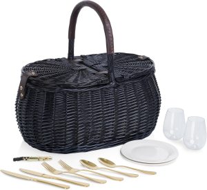 PICNIC TIME Evening Picnic Basket with Service for Two, Romantic Picnic Basket for 2 with Picnic Set, (Black)