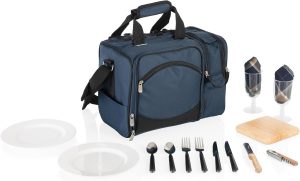 PICNIC TIME Malibu Cooler Picnic Basket, Insulated Cooler Tote with Picnic Set, (Navy Blue with Black Accents)