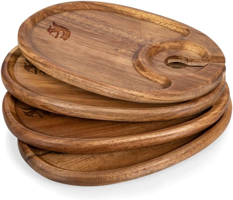 PICNIC TIME NCAA USC Trojans Wine Appetizer Plate Set of 4, Cocktail Plate with Glass Holder, Cheese Board with Wine Holder, (Acacia Wood), 9 x 6 x 0.5