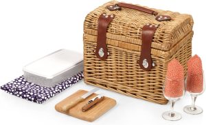 PICNIC TIME - Napa Wine & Cheese Picnic Basket for 2 - Wine Picnic Basket Set - Wine Basket with Wine Glasses and Cheese Board, (Adeline Collection - Deep Purple with Coral Pattern)