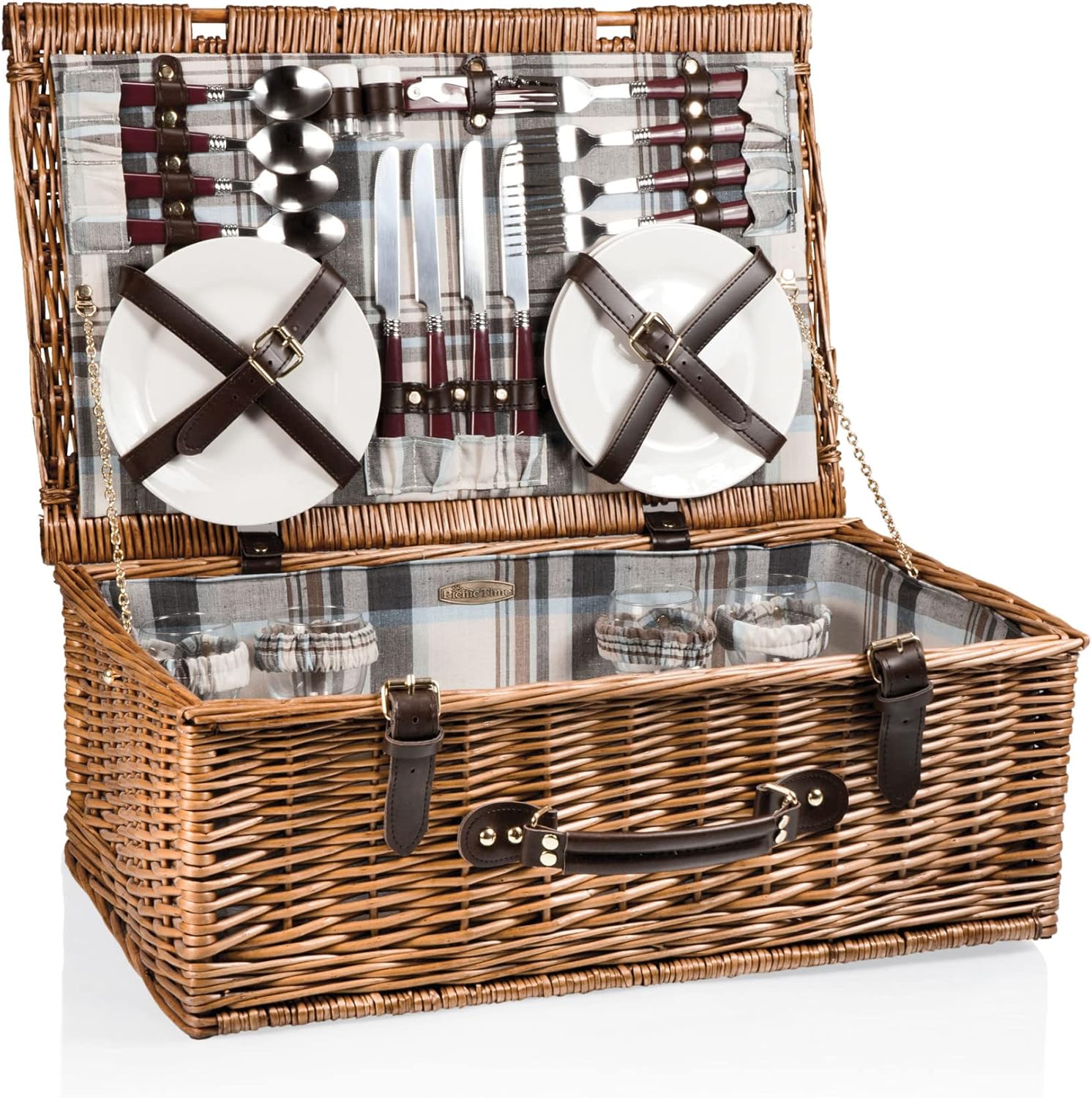 PICNIC TIME Newbury Wicker Picnic Basket Set for 4 Persons, (Navy Blue & Burgundy Plaid Pattern)