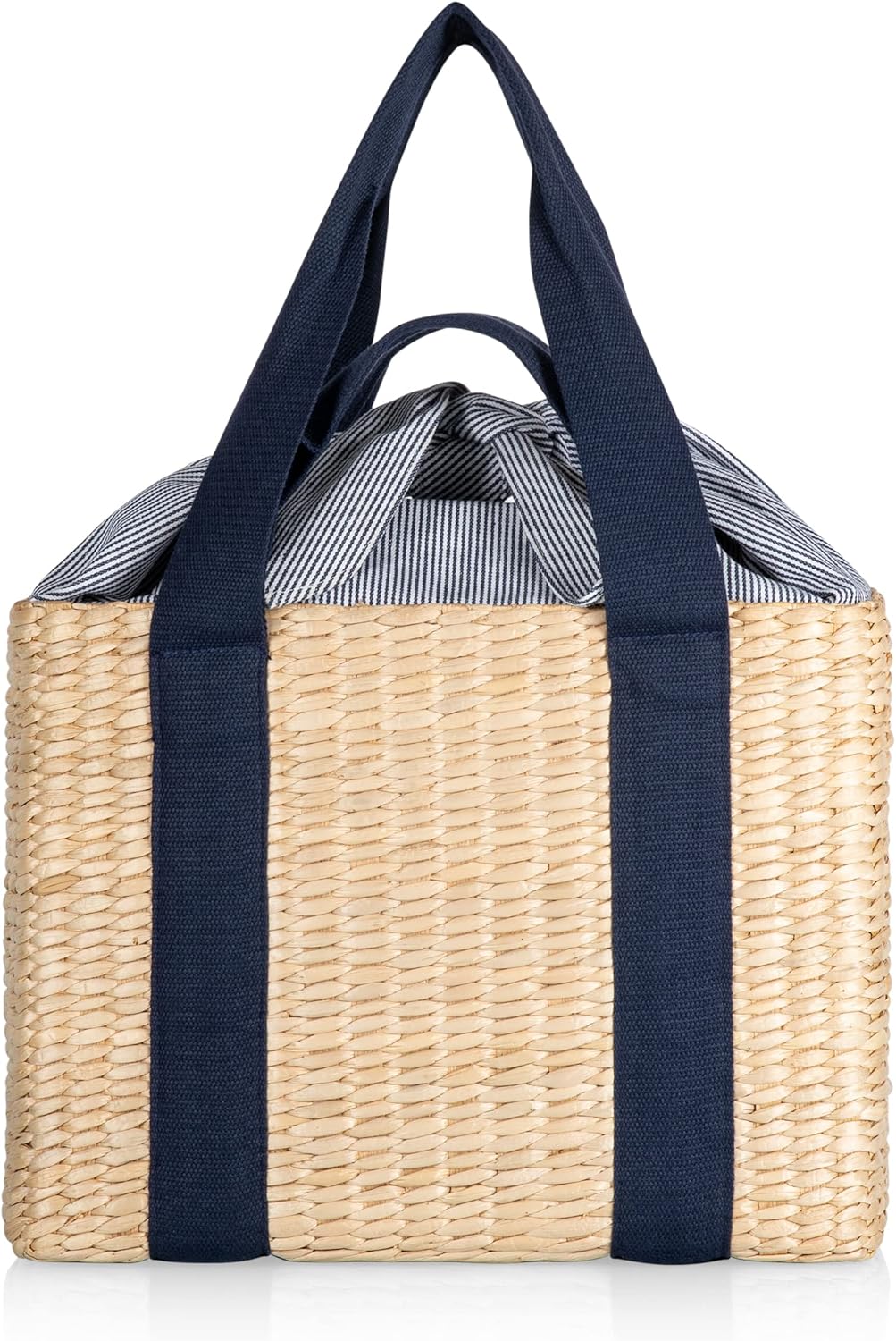 PICNIC TIME Parisian Picnic Basket, Insulated Seagrass Picnic Basket, Waterproof, Stylish, Perfect for Picnics, Beach, Office Lunches, Dinner Parties, and Gifts (Beige with Navy Blue Accents)