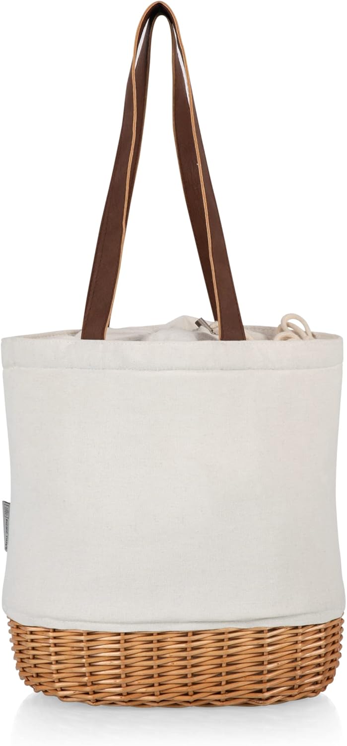 PICNIC TIME Pico Willow & Canvas Insulated Lunch Bag, Small Picnic Basket, Beach Tote Bag (Natural Canvas & Wicker)