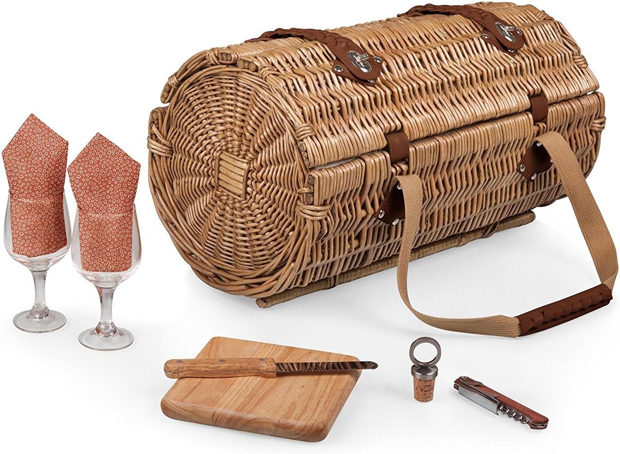 PICNIC TIME - Verona Wine & Cheese Picnic Basket - Wicker Wine Tote - Wine Basket with Picnic Set, (Adeline Collection - Deep Purple with Coral Pattern)