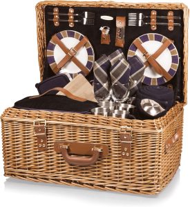 PICNIC TIME - Windsor Luxury Picnic Basket for 4 - Large Wicker Picnic Basket - Deluxe Picnic Set 4, (Navy Blue)