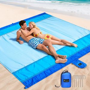 PTEROMY Beach Blanket Waterproof Sandproof, 84" X 84"Extra Large Beach Mat with Storage Bag, Quick Drying Lightweight, 6 Stakes, Accessories for Picnic, Travel (7x7 FT, Blue)