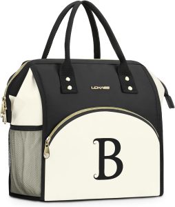 Personalized Lunch Bag for Women, Preppy Reusable Insulated Initials Lunch Box Gift for Friend Large Wide-Open Water Resistant Adult Cooler Tote Bag for Work, Travel, Picnic - Black B