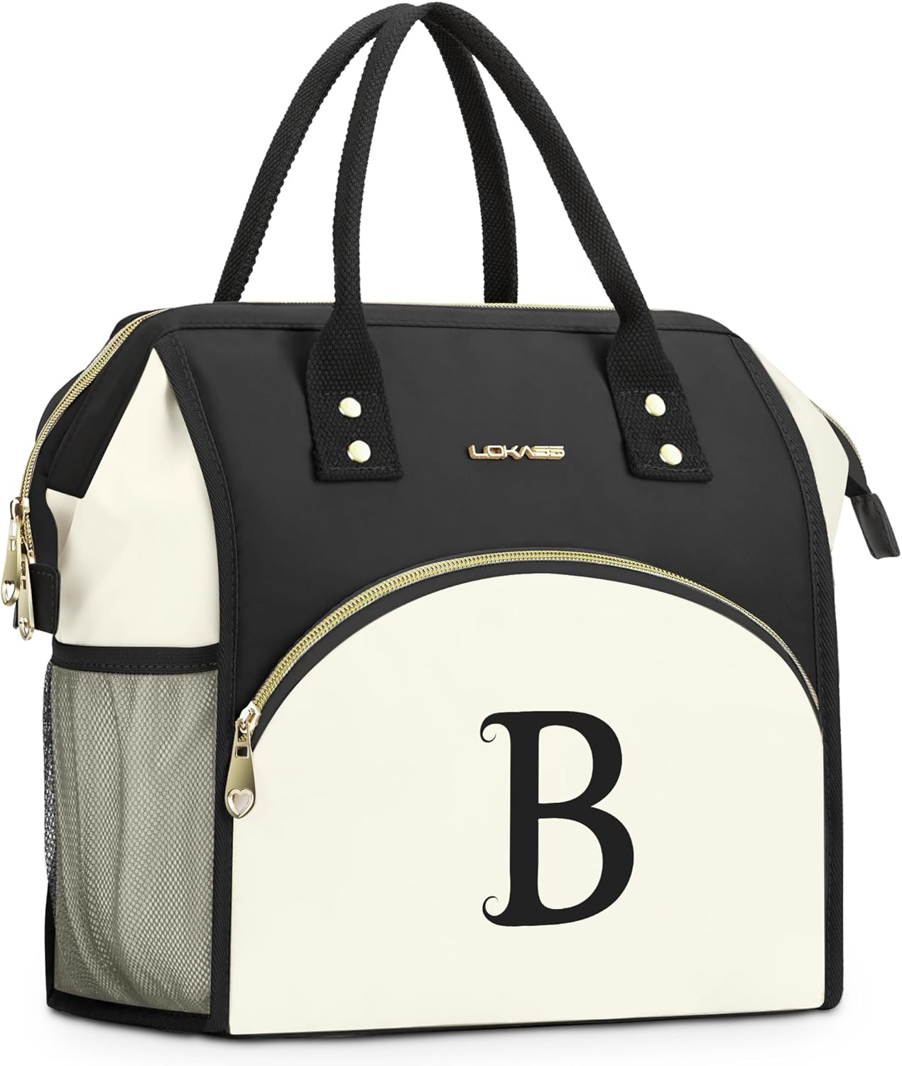 Personalized Lunch Bag for Women, Preppy Reusable Insulated Initials Lunch Box Gift for Friend Large Wide-Open Water Resistant Adult Cooler Tote Bag for Work, Travel, Picnic - Black B